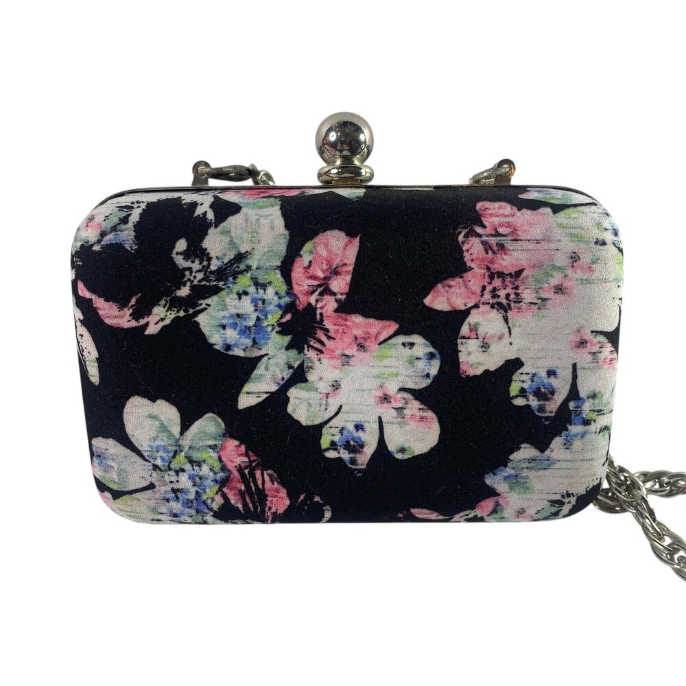 White House Black Market Floral Shoulder Purse Clutch Bag Black Kiss Lock Chain